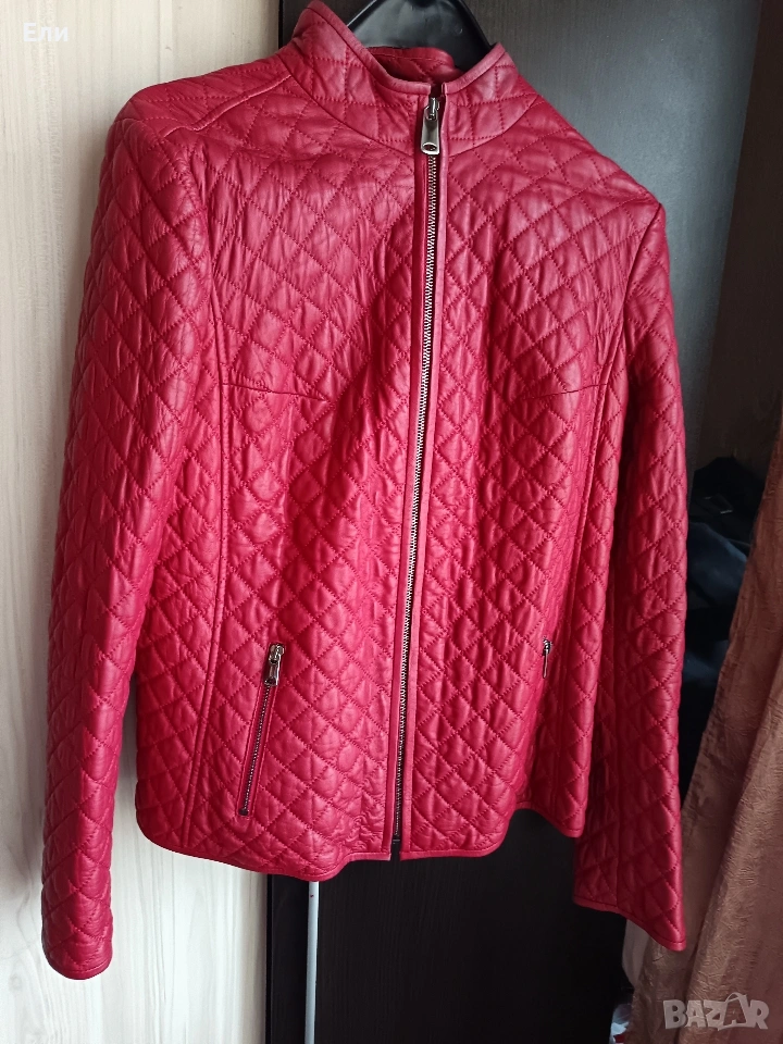 Червено кожено дамско яке естествена кожа , снимка 1