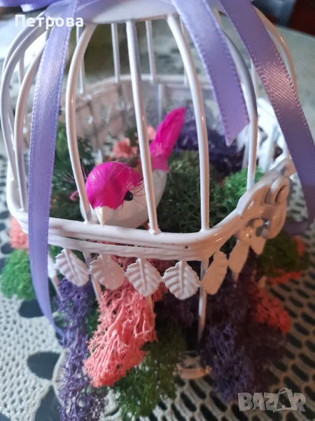 Метална клетка с птиче и скандинавски мъх, снимка 1