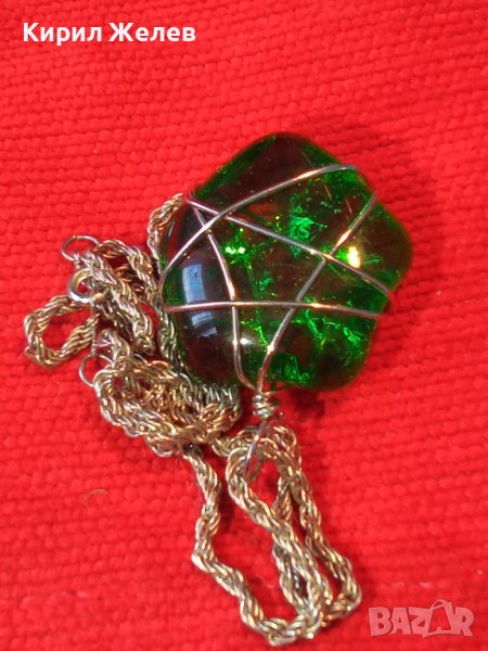 КРАСИВ МОДЕН АРТ МЕДАЛЬОН ЦВЕТНО СТЪКЛО в ХЕНД МЕЙД ОБКОВ и ВЕРИЖКА с БЯЛА ПОЗЛАТА 27920, снимка 1