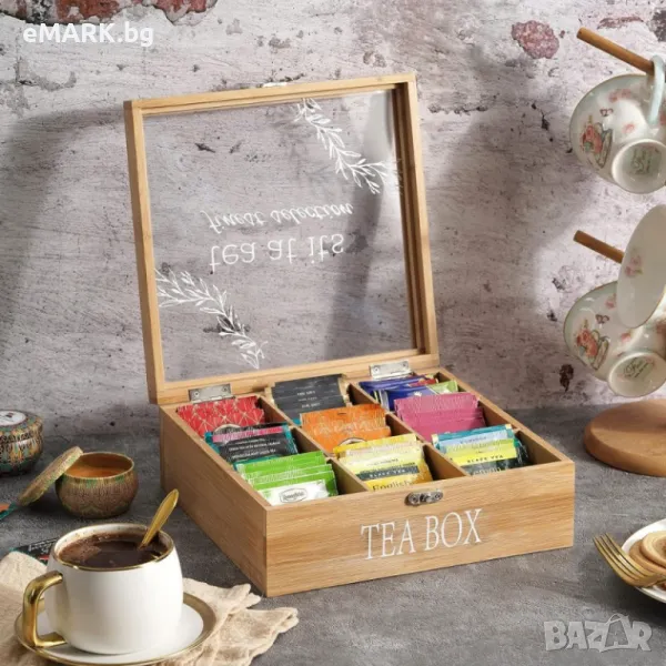 Дървена кутия от светло дърво за чай с 9 отделения, снимка 1