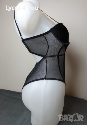 S луксозно черно боди със сатен и тюл и златисти верижни презрамки, снимка 10 - Бельо - 40552258