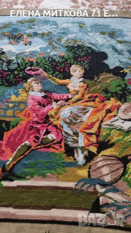 Много голям ръчно шит гоблен "Коронясването на любимия" едър бод готов за рамкиране, снимка 3 - Гоблени - 49600027