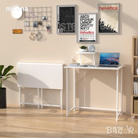 Сгъваема маса със стойка за монитор, бяла, компютърна 80 x 45 x 75 см,, снимка 2 - Бюра - 53358316