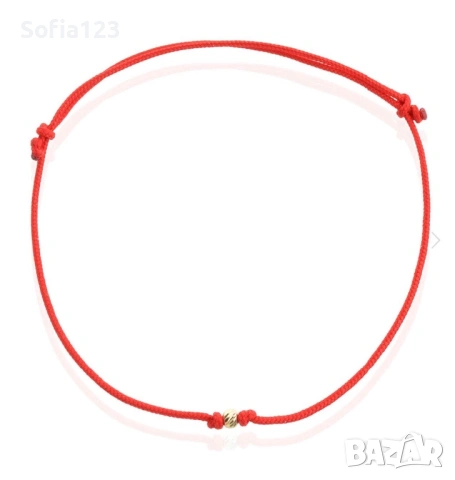 Гривна с червен конец и 14 К златно топче, снимка 4 - Гривни - 53243768