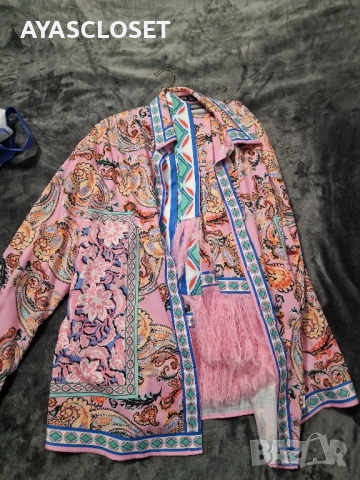 Цветен дамски комплект с пера ХЛ - риза и панталон, снимка 2 - Други - 52330439