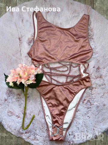 Нов розов бански висока талия  пепел от рози хигиенна лепенка XL 2XL , снимка 3 - Бански костюми - 41322430