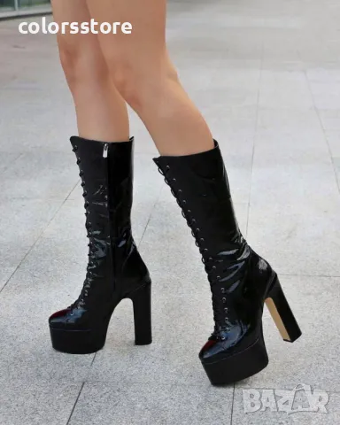 Ботуши на ток - черен лак - BP90, снимка 3 - Дамски ботуши - 48005899