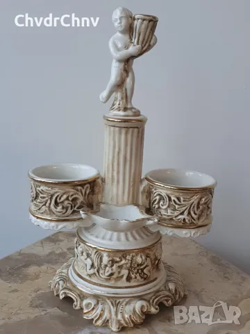 Capodimonte 29см/Каподимонте голям стар италиански порцеланов свещник-бонбониера/дете-злато