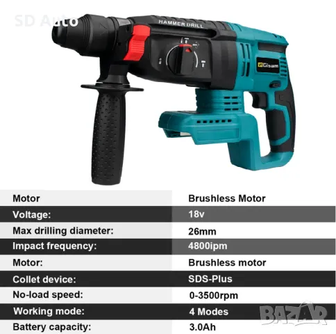Безчетков Акумулаторен Перфоратор GISAM  , снимка 2 - Перфоратори - 48480227