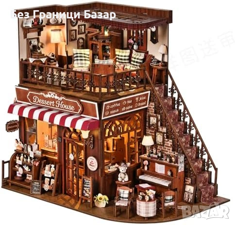 Нов пъзел 3D дървен book nook комплект мини сладкарница с LED светлина