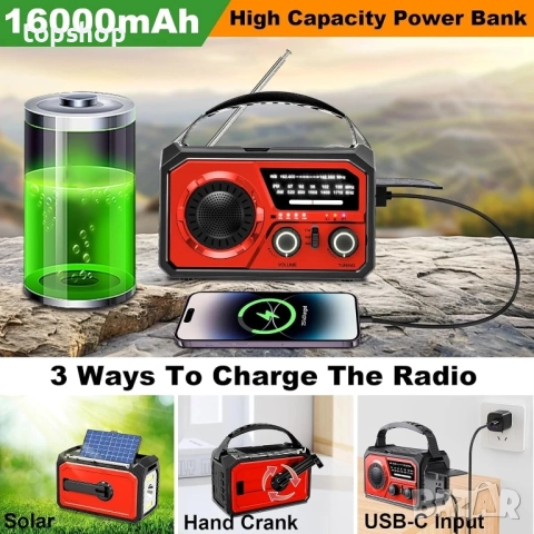 Ново 16000mAh ръчно радио за спешни случаи с безжичен високоговорител, 59200mWh NOAA AM FM..., снимка 5 - Друга електроника - 51637826