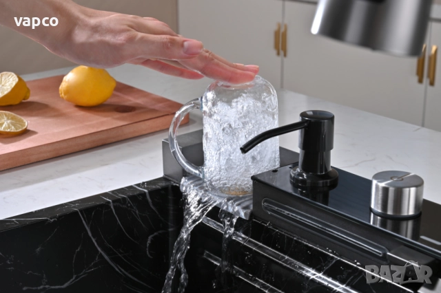  Черен мрамор - Мултифункционална кухненска мивка с двоен водопад , снимка 8 - Мивки - 52128188