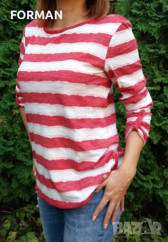 Риза/Блуза в червено/бяло райе с навиващи се ръкави, снимка 1