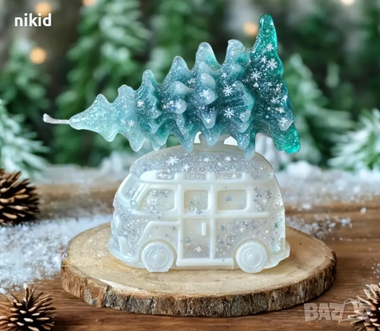 3D сет Коледни Автобус и елха силиконов молд форма фондан шоколад гипс свещ смола декор