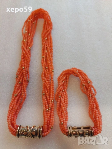 Прекрасно коралово колие и гривна със закопчаване от сребро и 84 златни топчета, снимка 3 - Колиета, медальони, синджири - 53840386