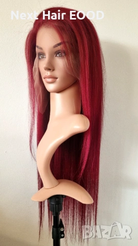 Естествена дантелена перука 80 см - 200% плътност, 13x6 Lace, бургунди тъмно червена права коса, снимка 4 - Аксесоари за коса - 53294690