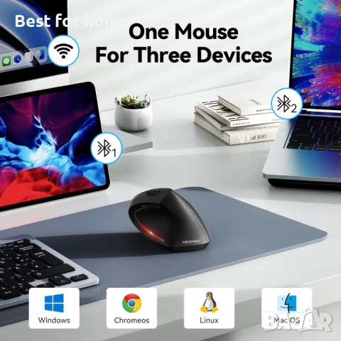 TECKNET  Ергономична  безжична Bluetooth вертикална мишка, снимка 2 - Клавиатури и мишки - 52925916