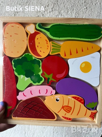 Монтесори образователен 3D пъзел с храна, Чест, многоцветен, дърво, 16,5 х 16,5 см, 12 части