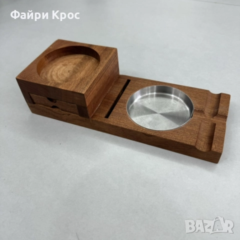 Дървена стойка за чаша с алуминиев пепелник и ножица за пури, цигари, пурети, подарък за мъже, снимка 2 - Подаръци за мъже - 52799238