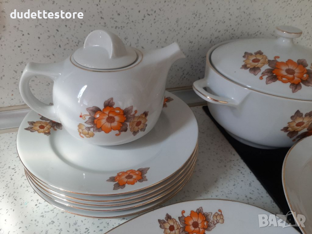 Красив супник с оранжеви цветя порцеланов, снимка 3 - Антикварни и старинни предмети - 36358533