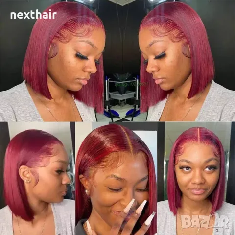 Винено червена бордо естествена перука 35см. с дантела 4x4 лейс фронт, снимка 6 - Аксесоари за коса - 49863908