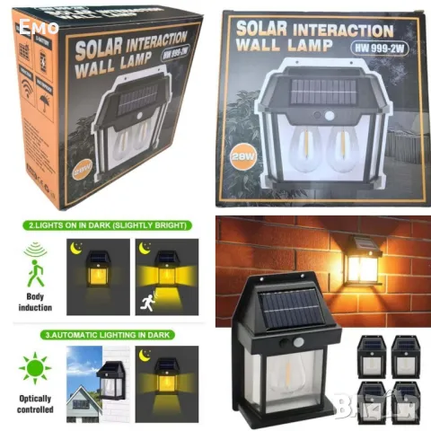 Стенна лампа с 1,2  или 3 LED крушки, сензор за движение и фотоволтаичен панел за външна употреба