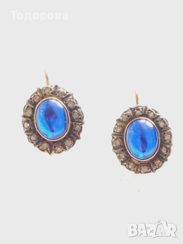 Стари антикварни златни обеци със сапфири и диаманти, злато 14к., 2 260 лв