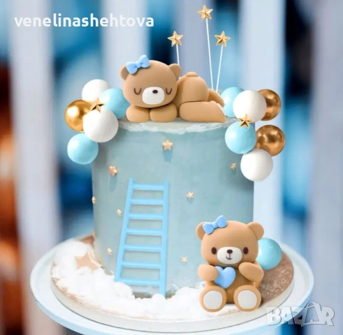 Комплект фигурки мече сърце заспало мече топки звездички декорация торта парти бебе момче, снимка 4 - Други - 53398507