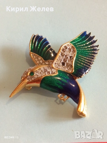 Винтидж брошка Колибри Attwood - Sawyer с 22 карата златно покритие Сваровски  емайл 75081, снимка 13 - Колиета, медальони, синджири - 52571885
