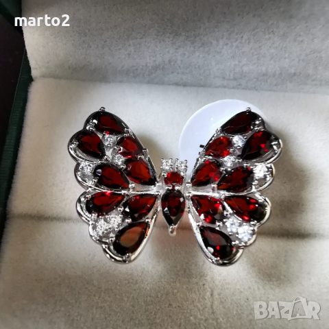 Сребърен 925 пръстен - Пеперуда с Родиево покритие и Натурални Гранати и Циркони!, снимка 5 - Пръстени - 44698842