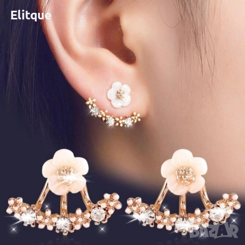 Нежни обеци цвете с долна част, минаваща по ръба на ухото. Цветове - сребрист или златист, снимка 3 - Обеци - 52796216