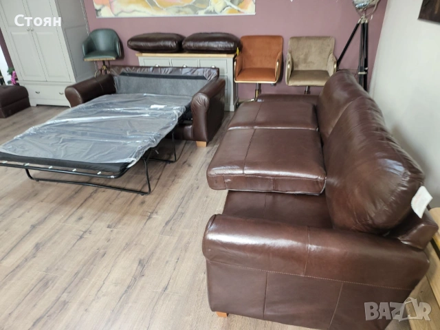 Кафяв кожен комплект дивани четворка и двойка с функция сън, снимка 6 - Дивани и мека мебел - 53755584