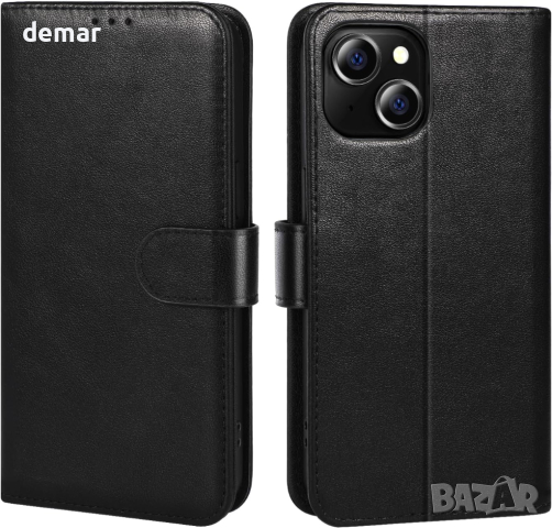 Калъф LETREEN за iPhone 15 от естествена кожа, капак за телефон с RFID блокер, функция стойка, черен, снимка 1