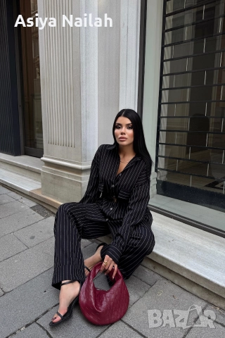 Дамски комплект с райе – риза и широк панталон, снимка 2 - Комплекти - 52792475