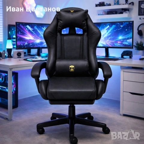 Премиум геймърски стол с масажна функция, поставка за крака и ергономична метална рамка