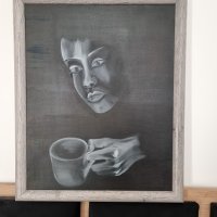 "Сутрешното ми кафе" - авторска картина с маслени бои, снимка 3 - Картини - 44212748