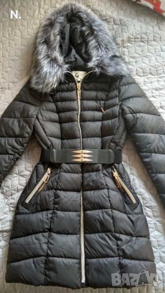 Зимно яке с пух, качулка и кожа , снимка 1