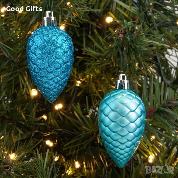 12 броя Комплект Тюркоазени коледни шишарки, Висулки за елха, 7см, снимка 1
