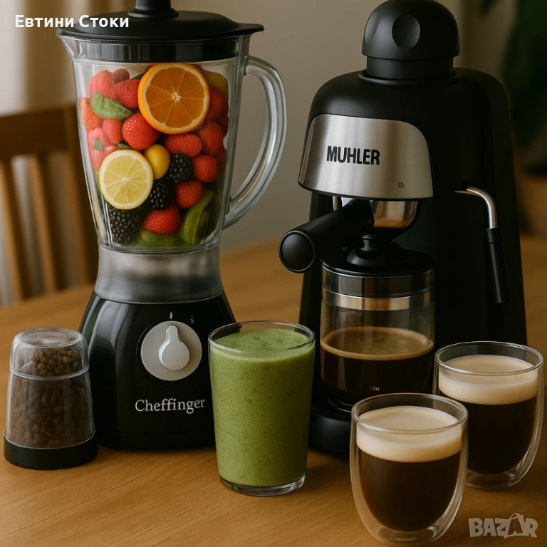 Комплект от еспресо машина MUHLER MCM-33 + 2 стъклени чаши и блендер с мелничка Cheffinger Home CF-P, снимка 1