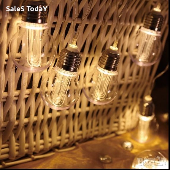 Гирлянд от 10 броя соларни крушки, Светлини за градина или тераса, 3,8м, снимка 1