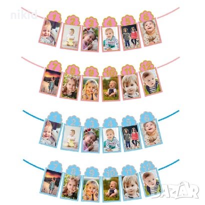 1 година 12 месеца фото Банер парти гирлянд по месеци син картон за снимка рожден ден бебе, снимка 1