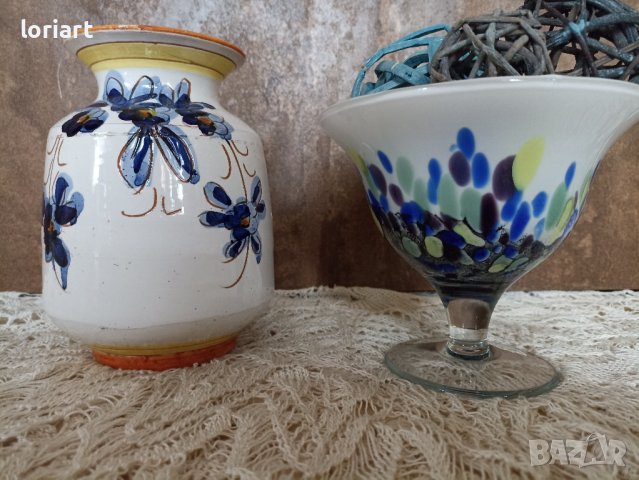 Керамична ваза и купа от стъкло, снимка 2 - Антикварни и старинни предмети - 44483000