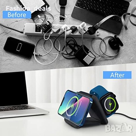 Ново Сгъваемо безжично зарядно устройство 3 в 1 бързо магнитно преносимо телефон слушалки часовник, снимка 7 - Аксесоари за Apple - 40835117