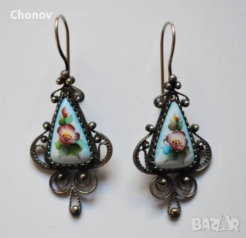 Стари Съветски порцеланови обеци от мелхиор, снимка 2 - Антикварни и старинни предмети - 49103167