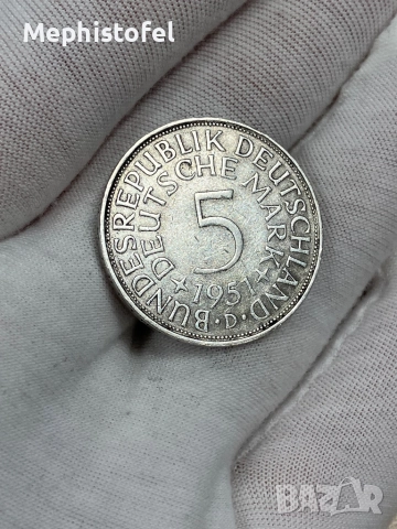 5 марки 1951 г, Германия - сребърна монета , снимка 3 - Нумизматика и бонистика - 52824707