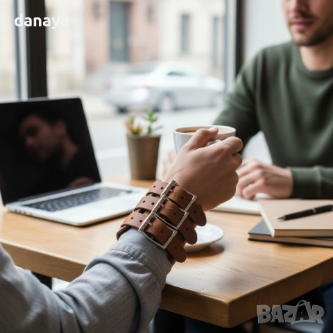 6277 Широка мъжка кожена гривна с 3 закопчалки, снимка 2 - Гривни - 52342207