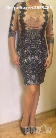 Рокля в нюанси черно и бежово с камъчета , снимка 2 - Рокли - 52015503