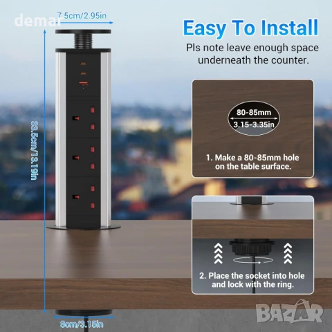 Hanstore Pop Up Socket Издърпващ се разклонител с 3 гнезда, 2 Type-C и 1 USB порт за зареждане, снимка 5 - Други стоки за дома - 50592850