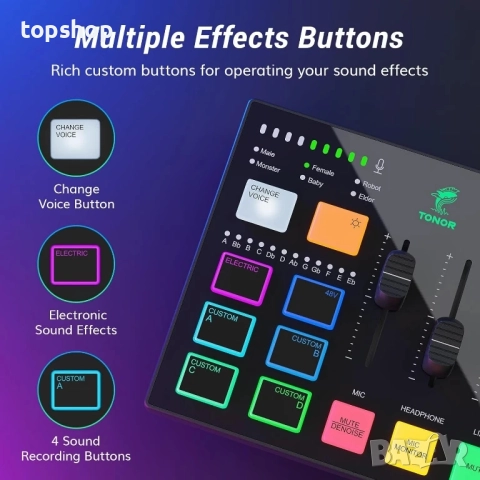 Нов, тестван TONOR RGB аудио миксер с Pro предусилвател, 6.5 мм и XLR канал, поддръжка за инструмент, снимка 4 - Ресийвъри, усилватели, смесителни пултове - 51588997