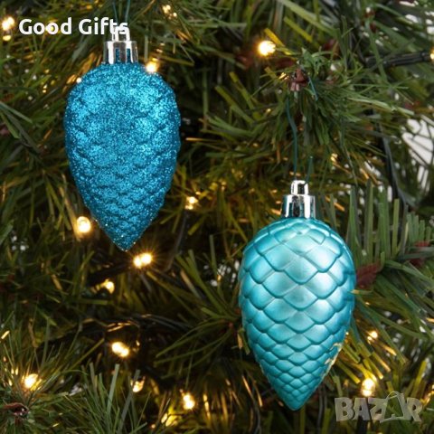 12 броя Комплект Тюркоазени коледни шишарки, Висулки за елха, 7см